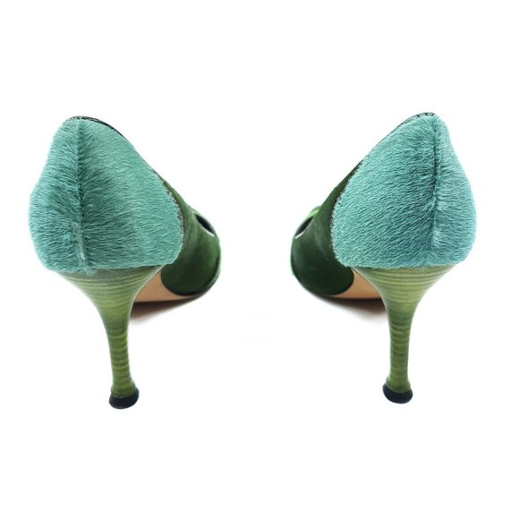 Manolo Blahnik Green Striped Animal Fur Pumps Heel - Picture 5 of 8